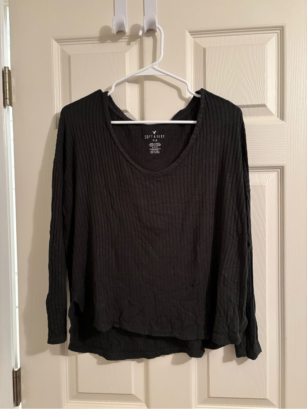 American Eagle Outfitters Dark Green Ribbed Long-Sleeve V-Neck Top
